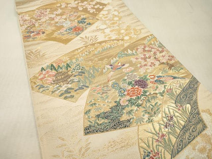 平和屋本店▼六通柄袋帯　唐織　扇面流水菊　本金箔二重箔　正絹　逸品　未使用　DABI7794fe