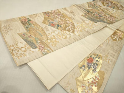 平和屋本店▼六通柄袋帯　唐織　扇面流水菊　本金箔二重箔　正絹　逸品　未使用　DABI7794fe