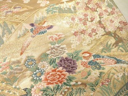 平和屋本店▼六通柄袋帯　唐織　扇面流水菊　本金箔二重箔　正絹　逸品　未使用　DABI7794fe