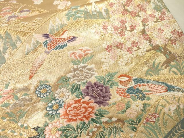 平和屋本店▼六通柄袋帯　唐織　扇面流水菊　本金箔二重箔　正絹　逸品　未使用　DABI7794fe