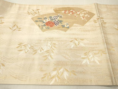平和屋本店▼六通柄袋帯　唐織　扇面流水菊　本金箔二重箔　正絹　逸品　未使用　DABI7794fe