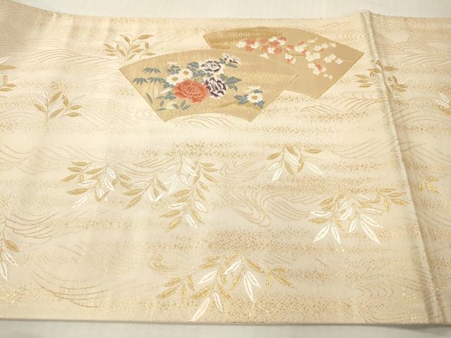 平和屋本店▼六通柄袋帯　唐織　扇面流水菊　本金箔二重箔　正絹　逸品　未使用　DABI7794fe