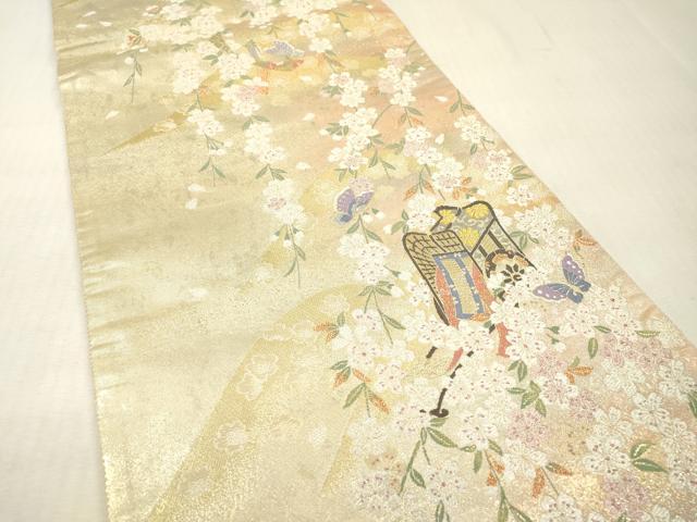 平和屋本店▼六通柄袋帯　枝垂れ花御所車舞蝶文　本金プラチナ箔　正絹　逸品　DABI7797fe