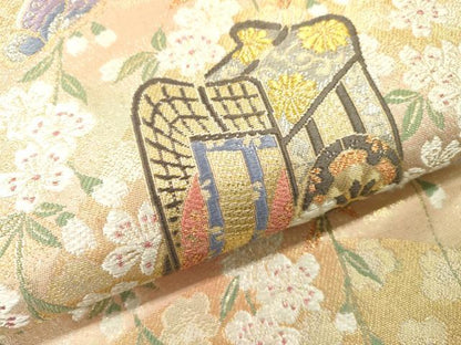 平和屋本店▼六通柄袋帯　枝垂れ花御所車舞蝶文　本金プラチナ箔　正絹　逸品　DABI7797fe