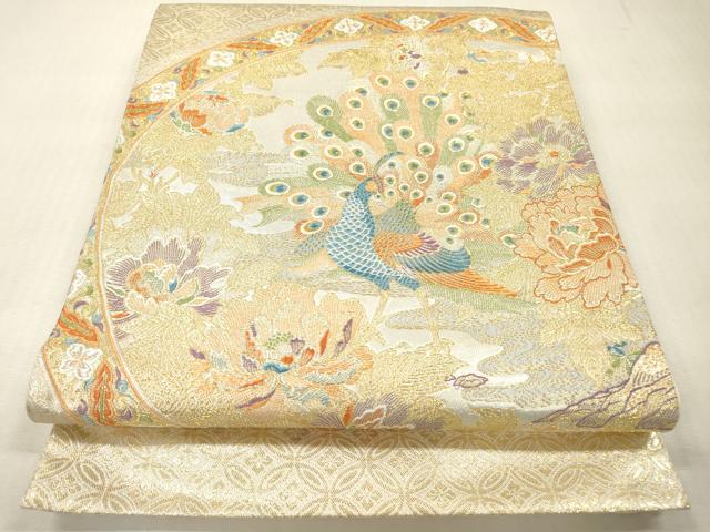 平和屋本店▼六通柄袋帯　唐織　孔雀花絵皿文　24金箔　正絹　逸品　DABI7798fe
