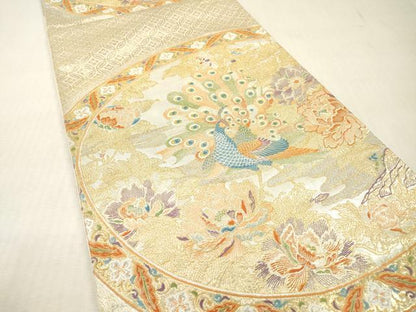 平和屋本店▼六通柄袋帯　唐織　孔雀花絵皿文　24金箔　正絹　逸品　DABI7798fe