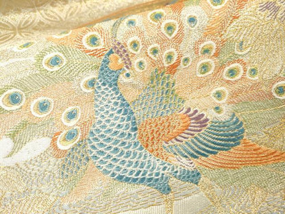 平和屋本店▼六通柄袋帯　唐織　孔雀花絵皿文　24金箔　正絹　逸品　DABI7798fe