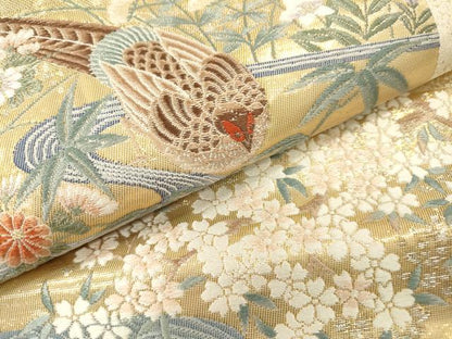平和屋本店▼六通柄袋帯　唐織　重ね色紙孔雀花文　本金箔　正絹　逸品　DABI7801fe