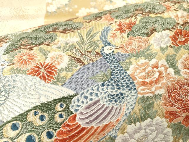 平和屋本店▼六通柄袋帯　唐織　重ね色紙孔雀花文　本金箔　正絹　逸品　DABI7801fe