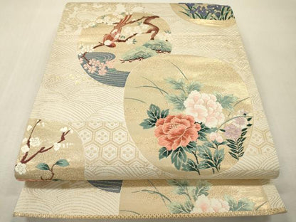 平和屋本店▼六通柄袋帯　唐織　花鳥丸文　琳派純金箔24K　正絹　逸品　DABI7803fe
