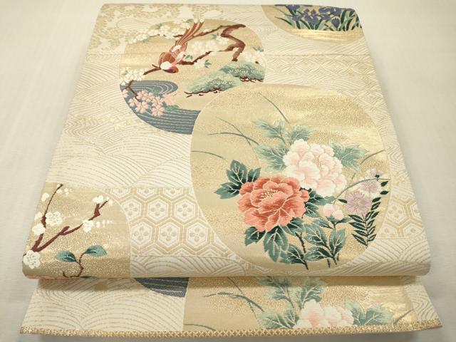 平和屋本店▼六通柄袋帯　唐織　花鳥丸文　琳派純金箔24K　正絹　逸品　DABI7803fe