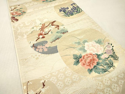 平和屋本店▼六通柄袋帯　唐織　花鳥丸文　琳派純金箔24K　正絹　逸品　DABI7803fe