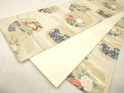 平和屋本店▼六通柄袋帯　唐織　花鳥丸文　琳派純金箔24K　正絹　逸品　DABI7803fe