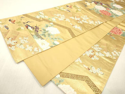 平和屋本店▼「美しいキモノ」お馴染みのメーカー　となみ織物　六通柄袋帯　唐織　孔雀花文　純金箔　正絹　逸品　DABI7819fe