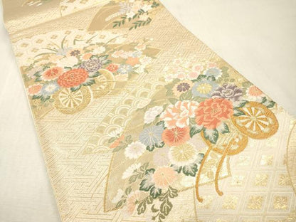 平和屋本店▼六通柄袋帯　唐織　花小袖　本金箔　正絹　逸品　DABI7821fe