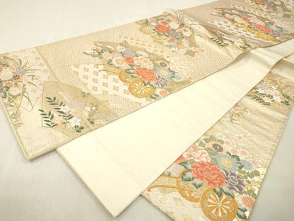 平和屋本店▼六通柄袋帯　唐織　花小袖　本金箔　正絹　逸品　DABI7821fe