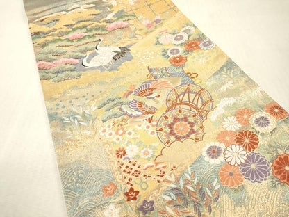 平和屋着物▼西陣　やまひで謹製　六通柄袋帯　鳳凰鼓群れ鶴花文　宝華彫金　証紙付き　正絹　逸品　未使用　DABI7822fe