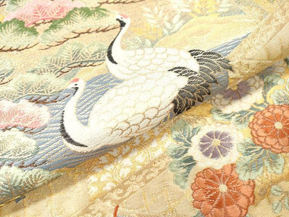 平和屋着物▼西陣　やまひで謹製　六通柄袋帯　鳳凰鼓群れ鶴花文　宝華彫金　証紙付き　正絹　逸品　未使用　DABI7822fe
