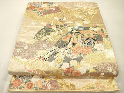 平和屋本店▼六通柄袋帯　唐織　九百錦　裂取扇面文　本金箔　正絹　逸品　DABI7826fe