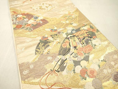 平和屋本店▼六通柄袋帯　唐織　九百錦　裂取扇面文　本金箔　正絹　逸品　DABI7826fe