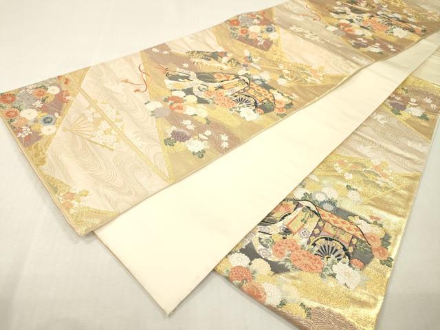 平和屋本店▼六通柄袋帯　唐織　九百錦　裂取扇面文　本金箔　正絹　逸品　DABI7826fe