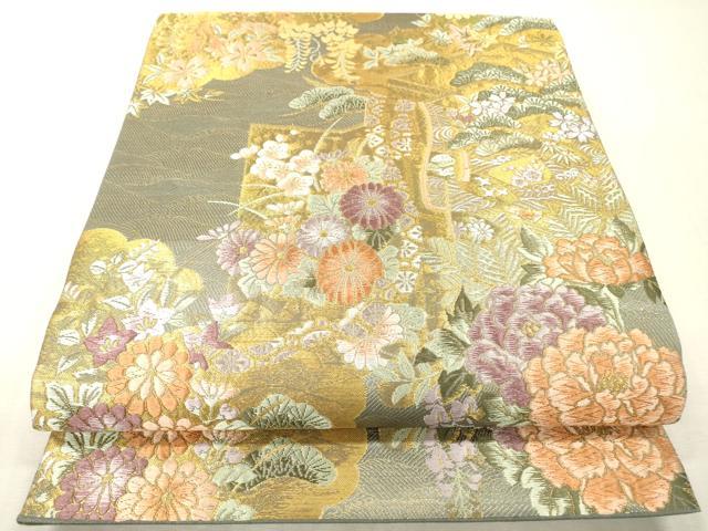 平和屋本店▼六通柄袋帯　唐織　草華花　純泥万葉　本金箔二重　正絹　逸品　DABI7828fe