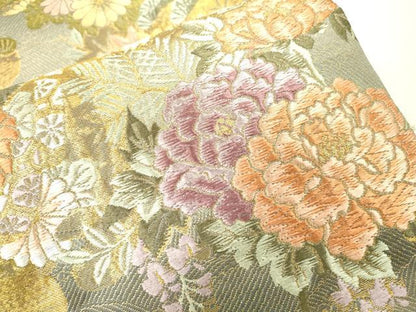 平和屋本店▼六通柄袋帯　唐織　草華花　純泥万葉　本金箔二重　正絹　逸品　DABI7828fe
