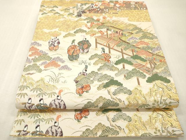 平和屋本店▼六通柄袋帯　唐織　人物風景　朱金錦　本金重ね　正絹　逸品　DABI7835fe