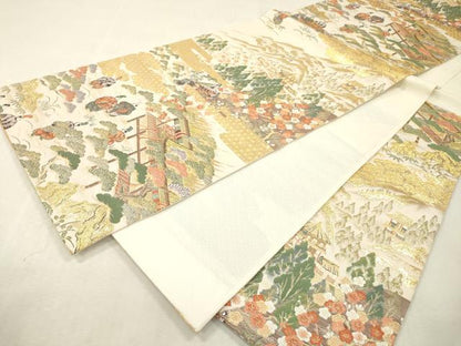 平和屋本店▼六通柄袋帯　唐織　人物風景　朱金錦　本金重ね　正絹　逸品　DABI7835fe