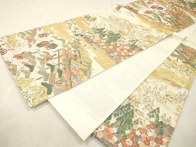 平和屋本店▼六通柄袋帯　唐織　人物風景　朱金錦　本金重ね　正絹　逸品　DABI7835fe