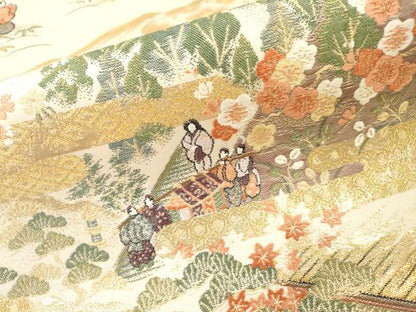 平和屋本店▼六通柄袋帯　唐織　人物風景　朱金錦　本金重ね　正絹　逸品　DABI7835fe