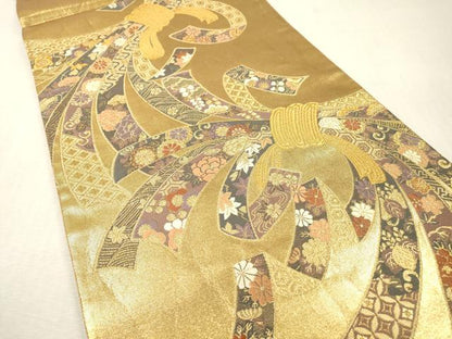 平和屋本店▼六通柄袋帯　唐織　束ね熨斗花文　全通本金摺箔　正絹　逸品　DABI7838fe