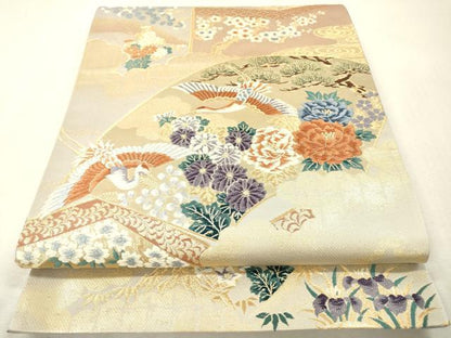 平和屋本店▼六通柄袋帯　唐織　地紙飛鶴花松文　本金箔　正絹　逸品　DABI7841fe