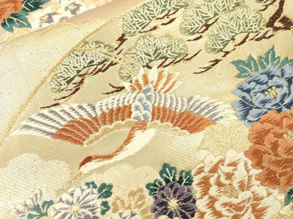 平和屋本店▼六通柄袋帯　唐織　地紙飛鶴花松文　本金箔　正絹　逸品　DABI7841fe