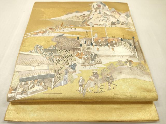 平和屋本店●西陣　長嶋成織物　ながしま帯　太鼓柄袋帯　人物風景　本金箔　瀞金錦　正絹　逸品　DABI7842fe