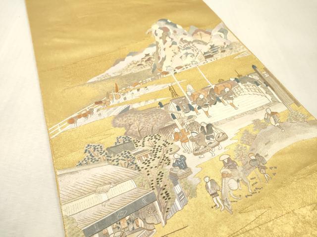 平和屋本店●西陣　長嶋成織物　ながしま帯　太鼓柄袋帯　人物風景　本金箔　瀞金錦　正絹　逸品　DABI7842fe