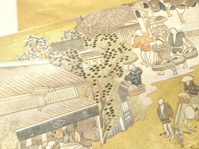 平和屋本店●西陣　長嶋成織物　ながしま帯　太鼓柄袋帯　人物風景　本金箔　瀞金錦　正絹　逸品　DABI7842fe