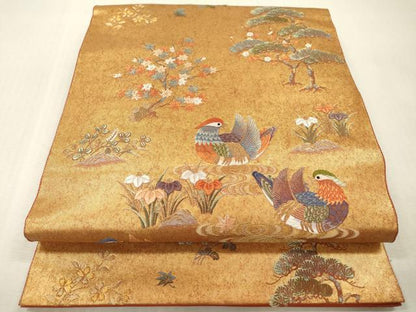 平和屋本店●太鼓柄袋帯　唐織　鴛鴦春秋絵巻　金泥箔　本金箔　正絹　逸品　DABI7849fe