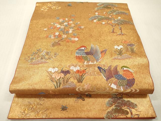 平和屋本店●太鼓柄袋帯　唐織　鴛鴦春秋絵巻　金泥箔　本金箔　正絹　逸品　DABI7849fe