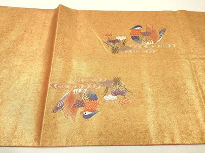 平和屋本店●太鼓柄袋帯　唐織　鴛鴦春秋絵巻　金泥箔　本金箔　正絹　逸品　DABI7849fe