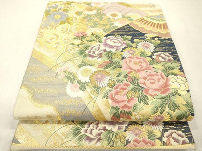 平和屋本店▼六通柄袋帯　紹巴　加賀漢方染　吉祥花文　本金箔　正絹　逸品　DABI7854fe