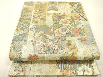 平和屋本店▼極上　西陣あさぎ　両面　全通全景柄袋帯　近代花鳥画　日本美術名鑑　24金プラチナ二重箔　正絹　逸品　DABI7865fe