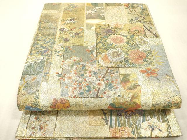 平和屋本店▼極上　西陣あさぎ　両面　全通全景柄袋帯　近代花鳥画　日本美術名鑑　24金プラチナ二重箔　正絹　逸品　DABI7865fe