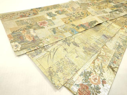 平和屋本店▼極上　西陣あさぎ　両面　全通全景柄袋帯　近代花鳥画　日本美術名鑑　24金プラチナ二重箔　正絹　逸品　DABI7865fe