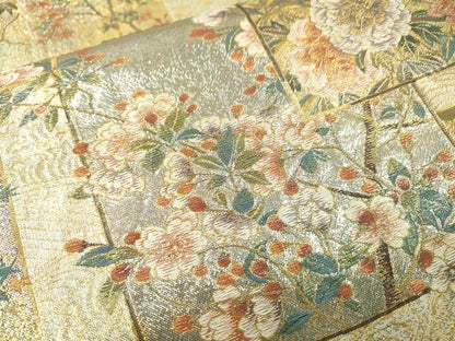 平和屋本店▼極上　西陣あさぎ　両面　全通全景柄袋帯　近代花鳥画　日本美術名鑑　24金プラチナ二重箔　正絹　逸品　DABI7865fe