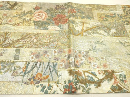 平和屋本店▼極上　西陣あさぎ　両面　全通全景柄袋帯　近代花鳥画　日本美術名鑑　24金プラチナ二重箔　正絹　逸品　DABI7865fe