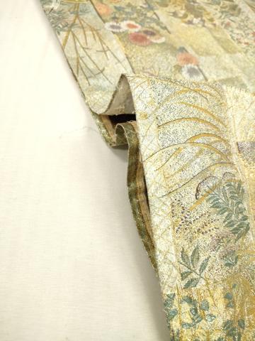 平和屋本店▼極上　西陣あさぎ　両面　全通全景柄袋帯　近代花鳥画　日本美術名鑑　24金プラチナ二重箔　正絹　逸品　DABI7865fe