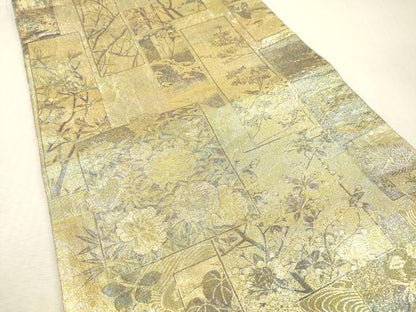 平和屋本店▼極上　西陣あさぎ　両面　全通全景柄袋帯　近代花鳥画　日本美術名鑑　24金プラチナ二重箔　正絹　逸品　DABI7865fe