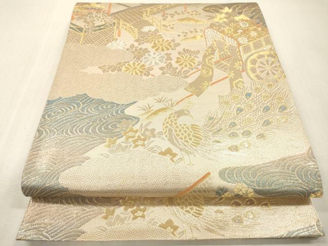 平和屋本店▼六通柄袋帯　鳳凰御所車風景花文　純金箔二重織　正絹　逸品　DABI7868fe