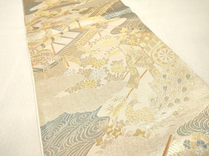 平和屋本店▼六通柄袋帯　鳳凰御所車風景花文　純金箔二重織　正絹　逸品　DABI7868fe